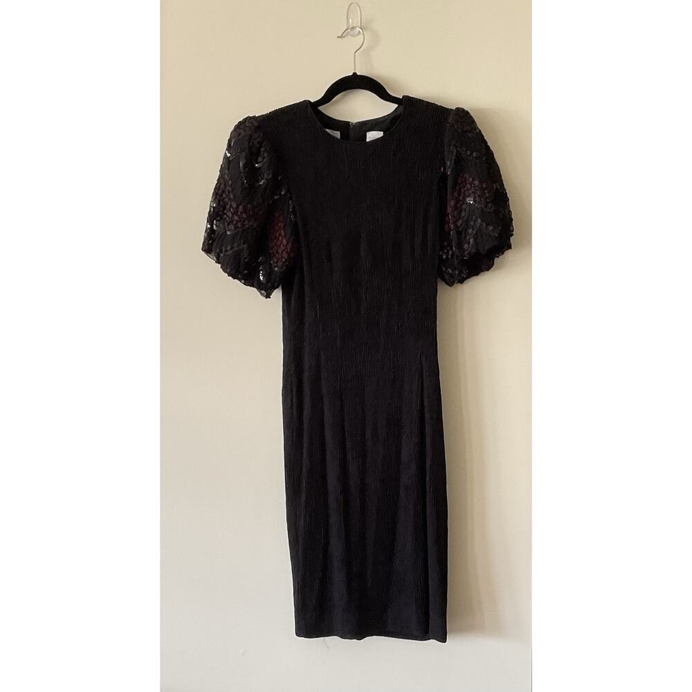 Vintage 80s Leslie Fay Smocked Sequin StretchyBlack Dress Short Sleeve Size 12
